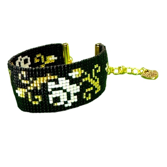 Handcrafted Black & Gold Floral Adjustable Seed Bead Loom Bracelet Heart Charm - Picture 1 of 6